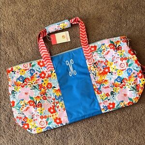 “M” Monogram Floral Canvas Tote w/ Blue Center Panel & Red-White Stripe Handles